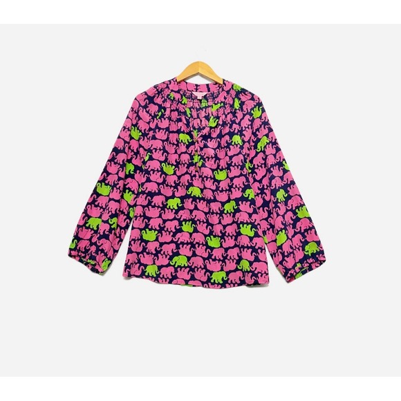 Lilly Pulitzer Tops - LILLY PULITZER Elsa Top 100% Silk Elephant Print Colorful Artsy Size Small *Flaw